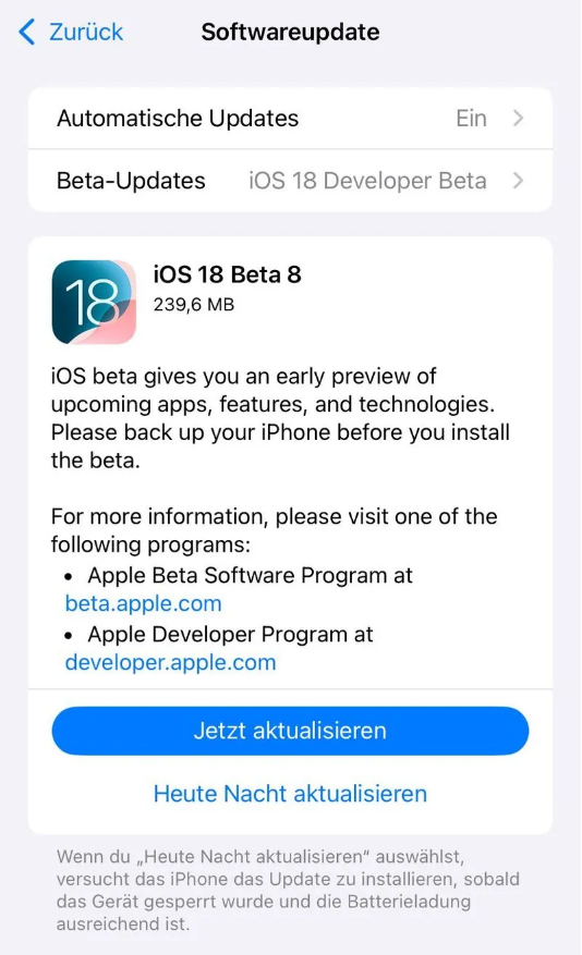 蒲县苹果手机维修分享苹果 iOS / iPadOS 18 开发者预览版 Beta 8 发布 